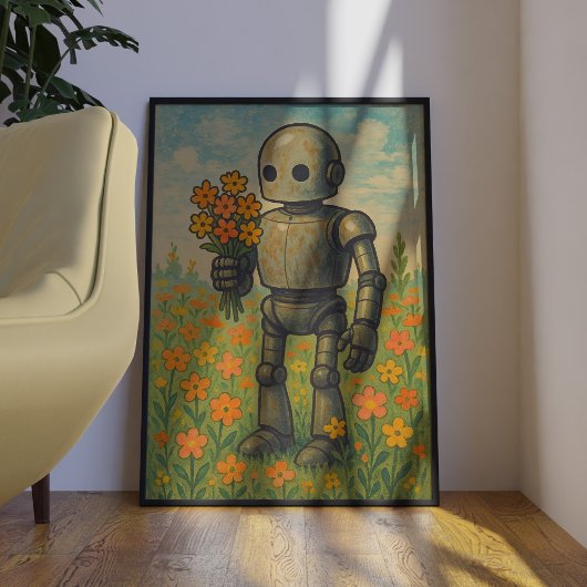 Robot Rétro Avec Fleurs Poster D'Art Mur