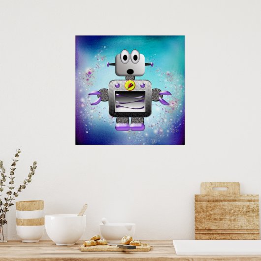 Robot rétro mignon violet et affiche bleue (Cuisine)
