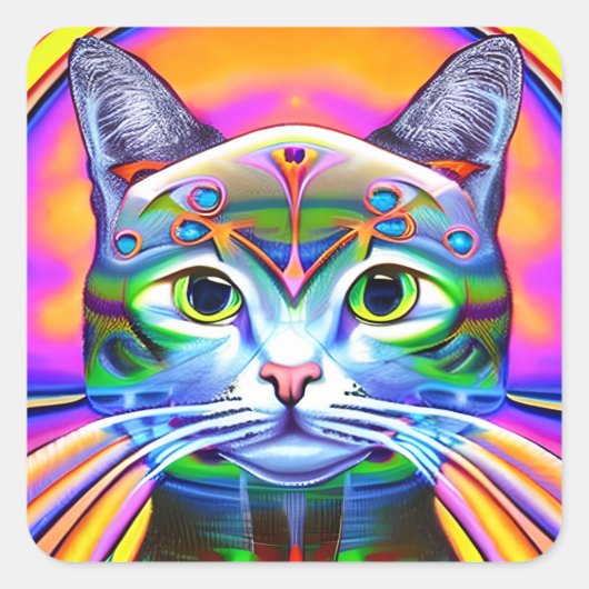 Robot Steampunk Kleurrijke Kat Vierkante Sticker (Voorkant)