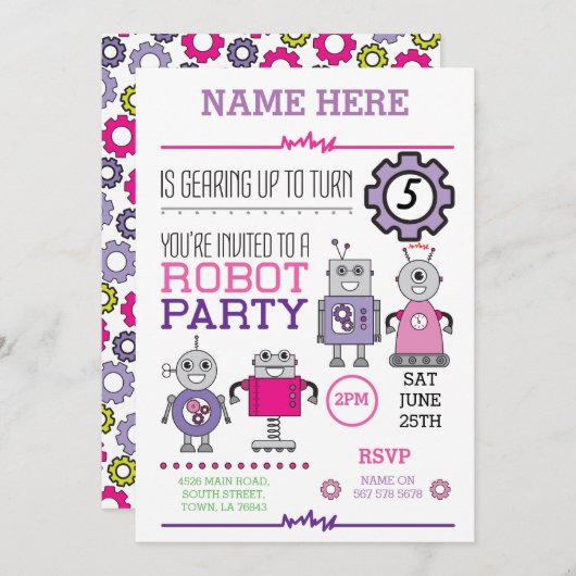 ROBOT Verjaardagsfeestje Roze Tandwielen Robots Ui Kaart (Voorkant / Achterkant)
