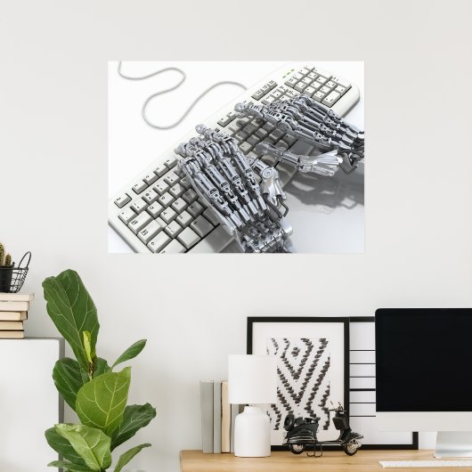 Robot werkt op de computer poster (Thuiskantoor)