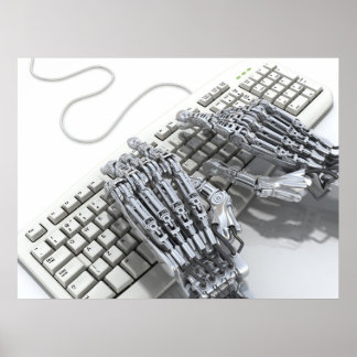 Robot werkt op de computer poster