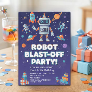Robotfeest in de ruimte 5e verjaardagsfeestje kaart