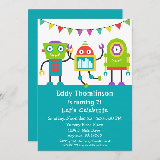 Robots Anniversaire Invitation Garçons Robot color (Devant / Derrière)
