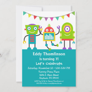 Robots Birthday Invitation Boys Colorful Robot Kaart