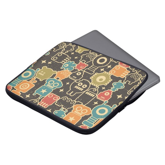 Robots op bruin laptop sleeve (Voorkant top)