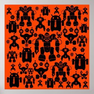 Robots Rule Fun Robot Silhouettes Oranje Robotica Poster