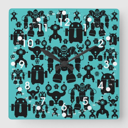 Robots Rule Fun Robot Silhouettes Pattern Blue Vierkante Klok (Voorkant)