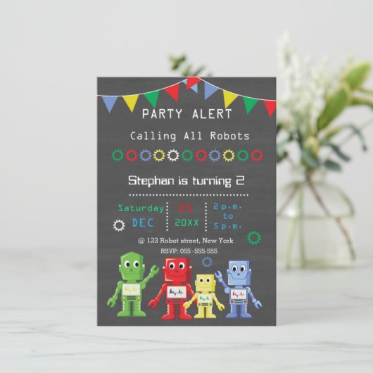 Robots Verjaardagsfeest Uitnodigingen (Staand voorkant)