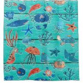Robuust Blauwgroen hout en onder het Zee Friends W Douchegordijn (Voorkant)