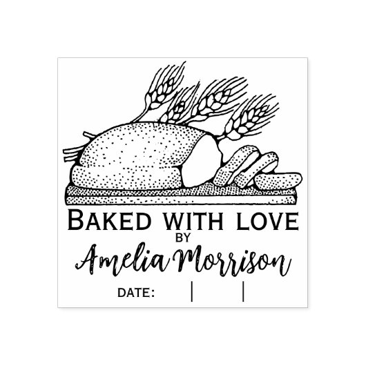 Robuust brood/uitgelekt met liefde/naam/datum 	rubberstempel (Afrduk)