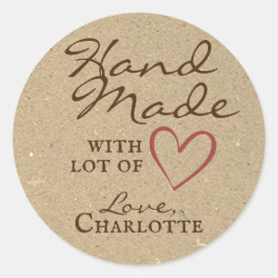 Robuust handgemaakt met Love Brown Heart Kraft Pap Ronde Sticker