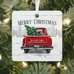 Robuust kerstfeest Red Truck Familienaam Metalen Ornament