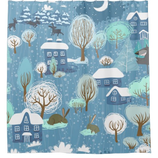 Robuust land kerstlicht blauw en wit douchegordijn (Voorkant)