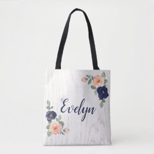 Robuust marineblauw, peach Floral Personalized Draagtas