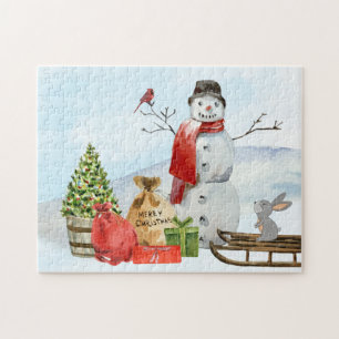 Robuuste kerstscene Snowman, sneeuw, boom Legpuzzel
