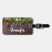 Robuuste kersttafel met pine en sneeuw bagagelabel (Voorkant horizontaal)