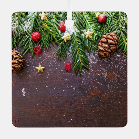 Robuuste kersttafel met pine en sneeuw metalen ornament (Voorkant)