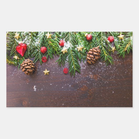 Robuuste kersttafel met pine en sneeuw rechthoekige sticker (Voorkant)