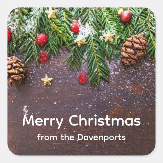 Robuuste kersttafel met pine en sneeuw vierkante sticker (Voorkant)