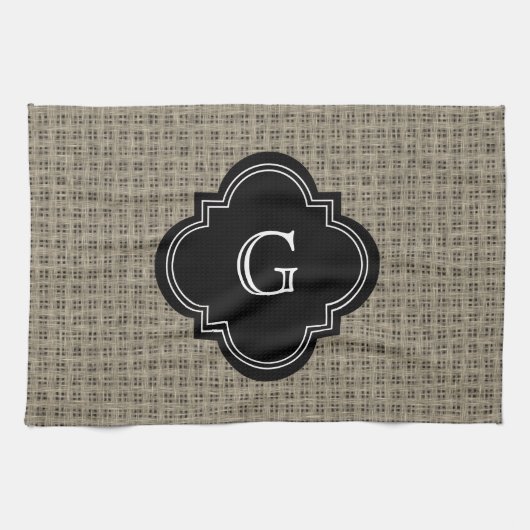 Robuuste landburlap, zwart monogram label theedoek (Horizontaal)