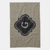 Robuuste landburlap, zwart monogram label theedoek (Verticaal)