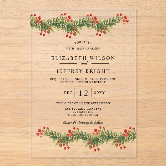 Robuuste ploegen van Holly Winter Kerstbruiloft in Acryl Uitnodigingen (Voorkant)