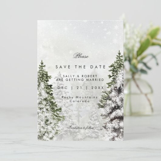 Robuuste winterbomen bruiloft met de datumkaart bedankkaart (Staand voorkant)