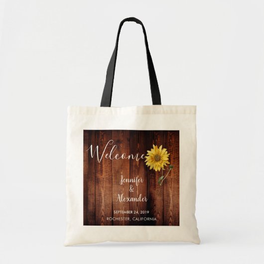 Robuuste zonnebloem op een welkomstbruiloft tote bag (Voorkant)