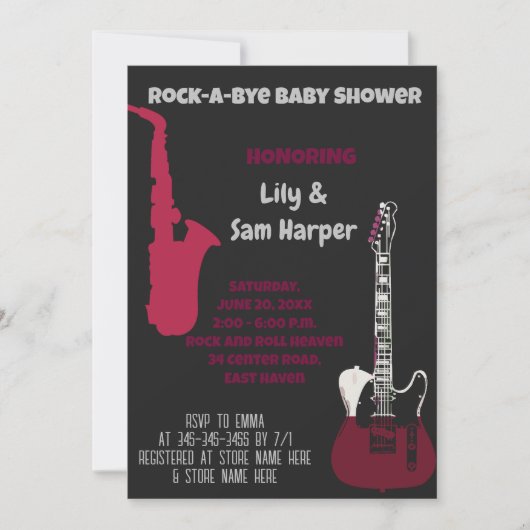 Rock a Bye Guitar Rock Star Baby shower Invitation (Devant)