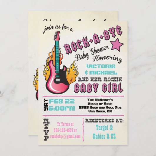 Rock a bye rockstar baby shower Invitations (Devant / Derrière)