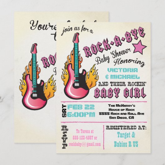 Rock a bye rockstar baby shower Invitations (Devant / Derrière)