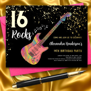 Rock and Roll 16e verjaardagsfeest Pink Black Gold Folie Uitnodiging Briefkaart