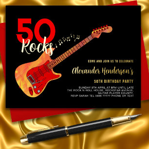 Rock and Roll 50ste verjaardagsfeest Black Gold Folie Uitnodiging Briefkaart