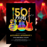 Rock and Roll 50th Birthday Invitation<br><div class="desc">50 Rocks 50e anniversaire invitations de fête avec trois modèles de guitare cool aquarelle. Guitare électrique avec motif à flamme et garde-pick rouge, guitare semi acoustique multicolore et illustration de guitare acoustique classique psychédélique avec typographie cool moderne en noir et or personnalisée. Ce modèle facile d'utilisation crée l'invitation parfaite pour...</div>
