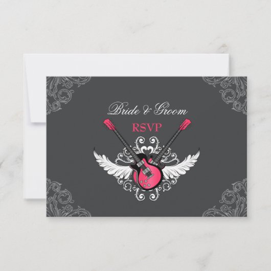 Rock and Roll Bruiloft Fuchsia Grijze RSVP kaart (Voorkant)