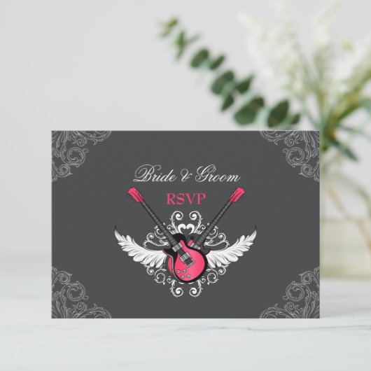 Rock and Roll Bruiloft Fuchsia Grijze RSVP kaart (Staand voorkant)