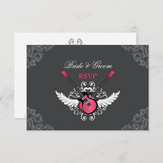 Rock and Roll Bruiloft Fuchsia Grijze RSVP kaart (Voorkant / Achterkant)