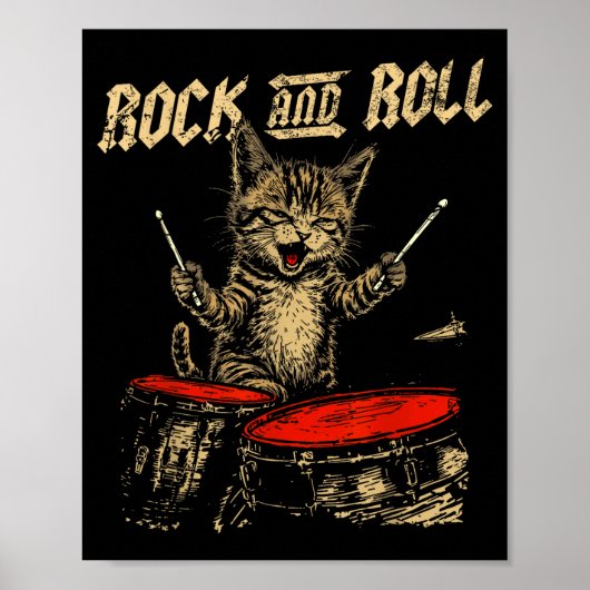 Rock And Roll Funny Cat Playing Drum For Men Women Poster (Voorkant)
