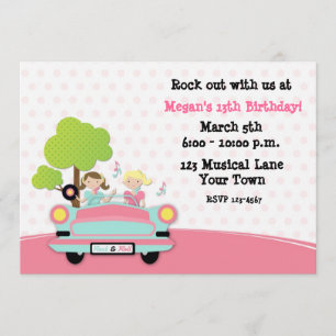 Rock and Roll Girls Birthday Invitation Kaart