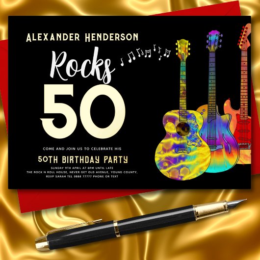 Rock and Roll Guitar 50th Birthday Gold Folie Uitnodiging