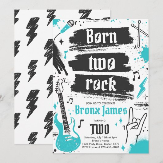 Rock and Roll Party Born Two Rock 2nd Birthday Kaart (Voorkant / Achterkant)