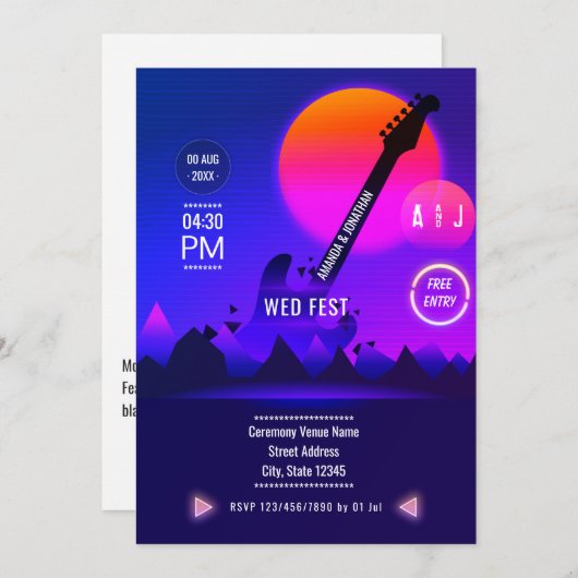 Rock and Roll Wedding Invitation Kaart (Voorkant / Achterkant)