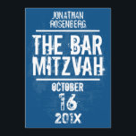 Rock Band Bar Mitzvah Invitation Tout Type en bleu<br><div class="desc">Qui est prêt à secouer le Bimah ? Il l'est. Faites de lui une star et son Bar Mitzvah un événement à retenir. Cette invitation de Bar Mitzvah a un arrière - plan en détresse en bleu marine avec une police de grunge complémentaire qui l'assemble. Vous pouvez customiser pratiquement toutes...</div>