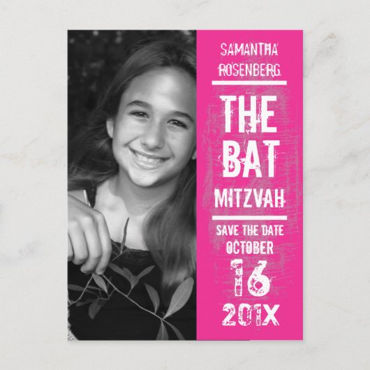 Rock Band Bat Mitswa Red de datum in het roze Aankondigingskaart (Voorkant)