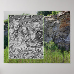 Rock Cliff Cattails Pond Natuur Uw foto toevoegen Poster