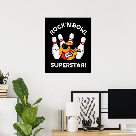 Rock en Bowl Superstar Funny Bowling Pun Dark BG Poster (Thuiskantoor)