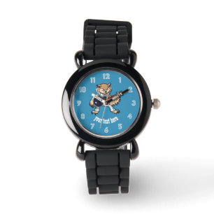 Rock en Roll Guitar Owl in Jumpsuit Cartoon Horloge