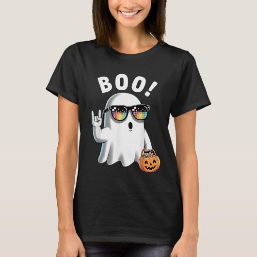 Rock Ghost Retro Halloween Pumpkin Funny Boo T-shirt (Voorkant)