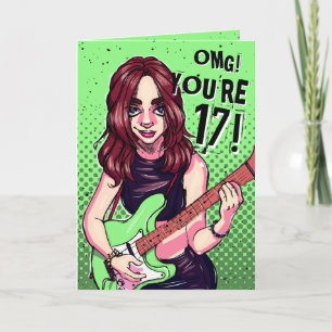 Rock Music Teen Girl Green Guitar 17e verjaardag Kaart